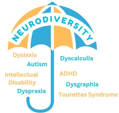 Image showing an umbrella (which represents neurodiversity) with the conditions it encompasses shown underneath